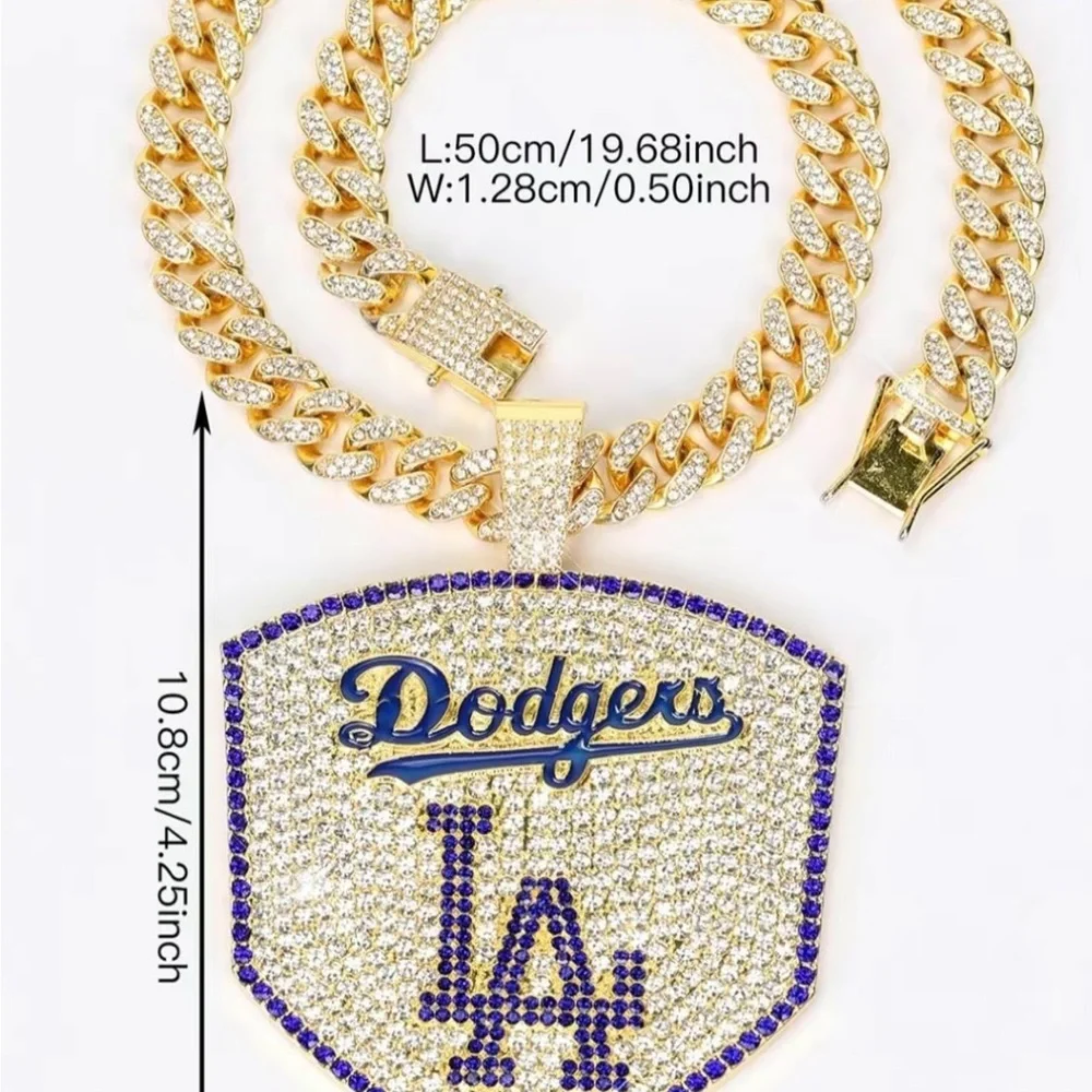 Iced Out Cuban Chain Rhinestone Large Pendant Necklace LA DODGERS MENS 20” Chain